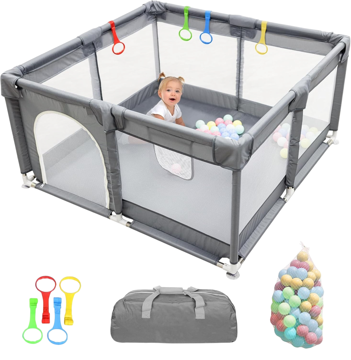 Baby Playpen with Padded Frame, Mesh Walls, Balls & Pull Rings