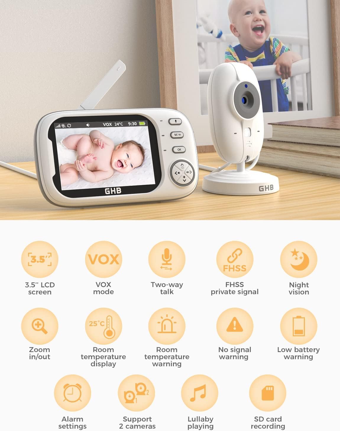 Baby Monitor with 3.5” LCD, Dual Cameras, Temperature Sensor