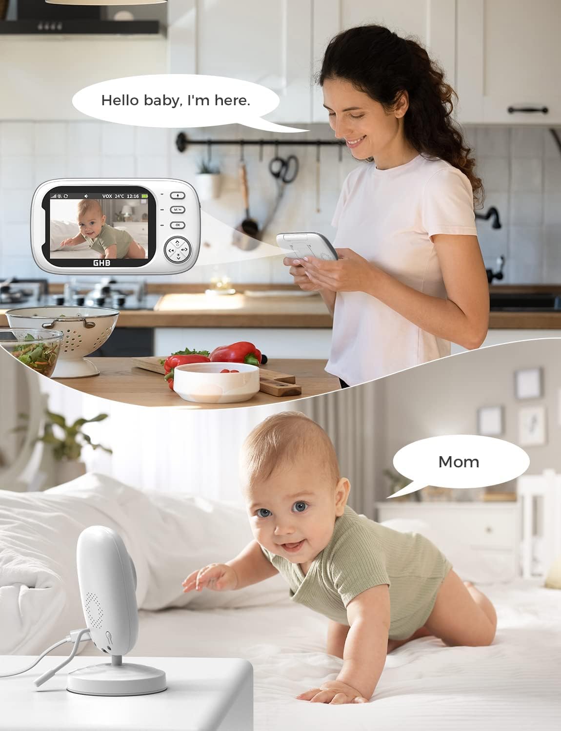 Baby Monitor with 3.5” LCD, Dual Cameras, Temperature Sensor