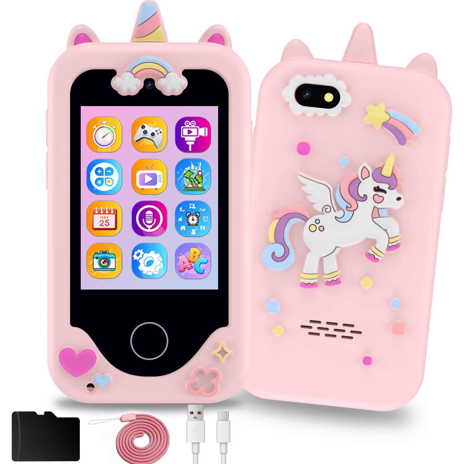 Touchscreen Kids Phone with Dual Cameras, 12 Apps & 8GB SD Card