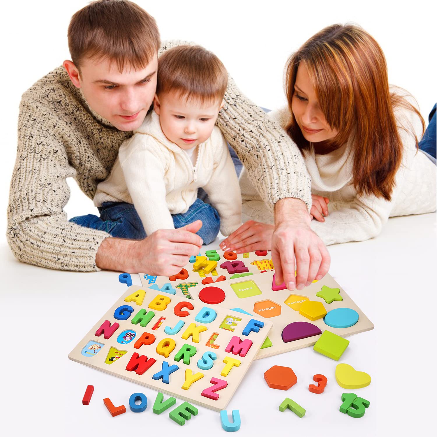 Montessori Wooden Puzzle Set with Letters, Shapes and Numbers Boards