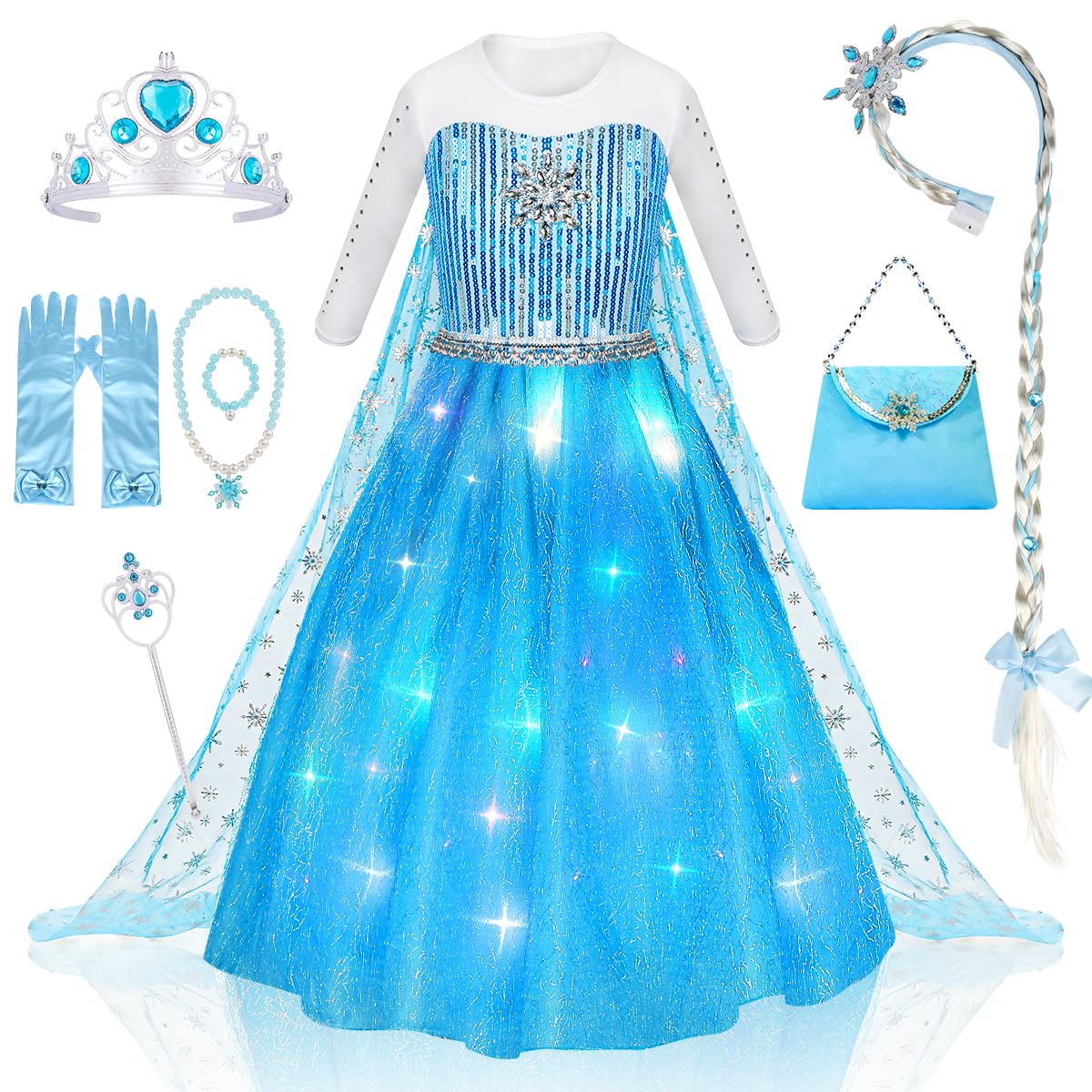 Light Up Princess Dress Costume with Crown Wand Jewelry for Girls