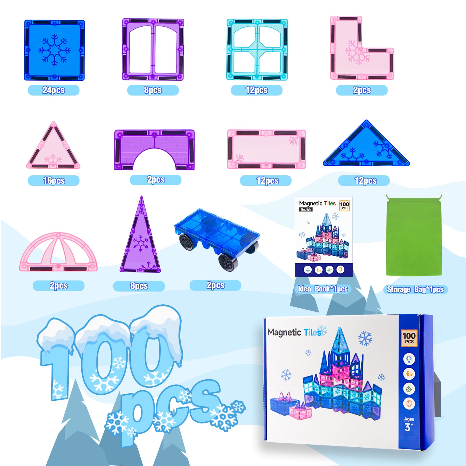 Magnetic Tiles Set 100PCS, Girls Building Blocks Toy 3D Castle