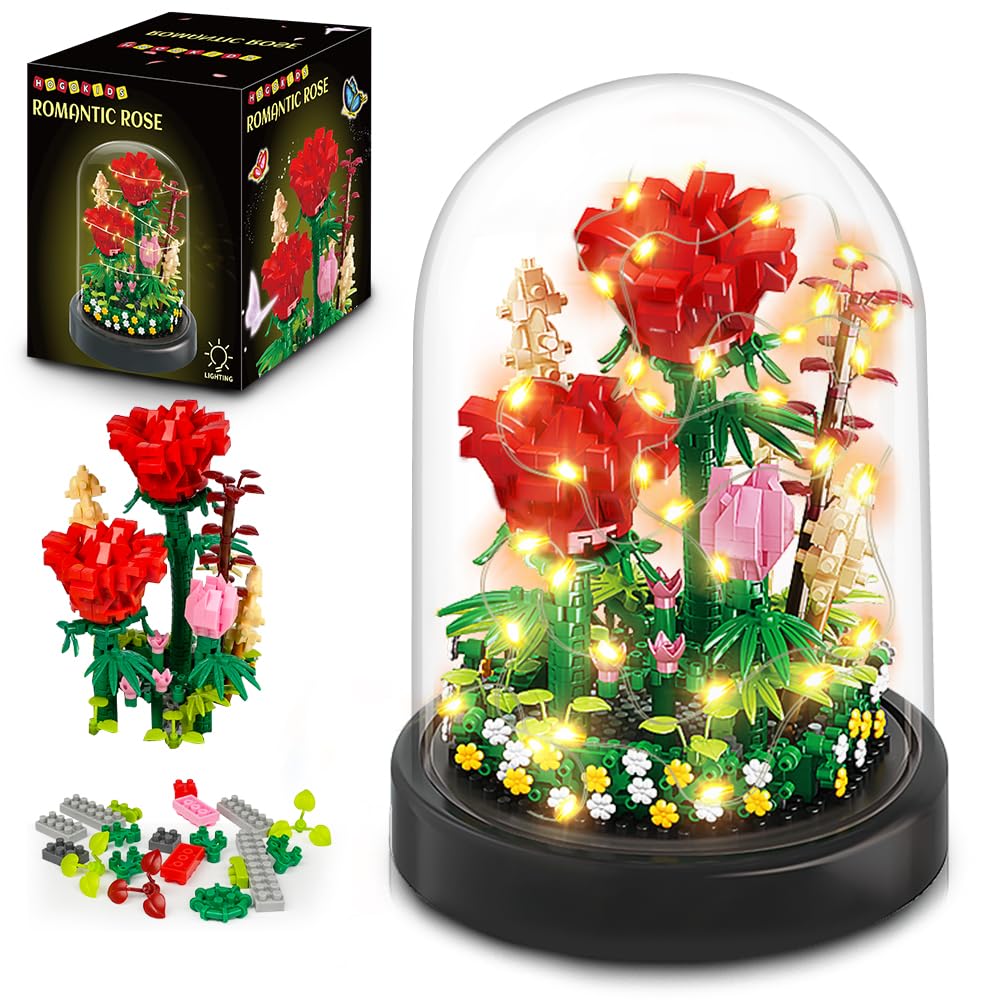 Rose Building Kit with LED Lights, 596 Mini Bricks and Display Dome