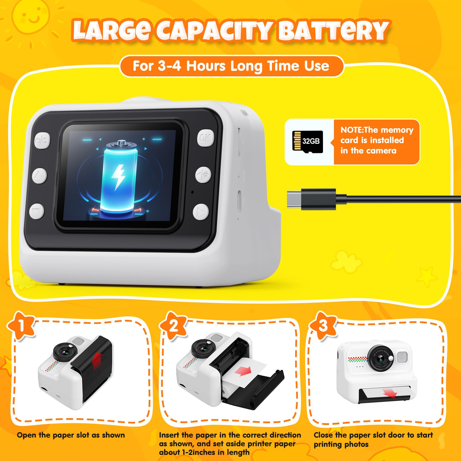Instant Print Kids Camera with 1080P Video, Filters, 32GB Card & Paper