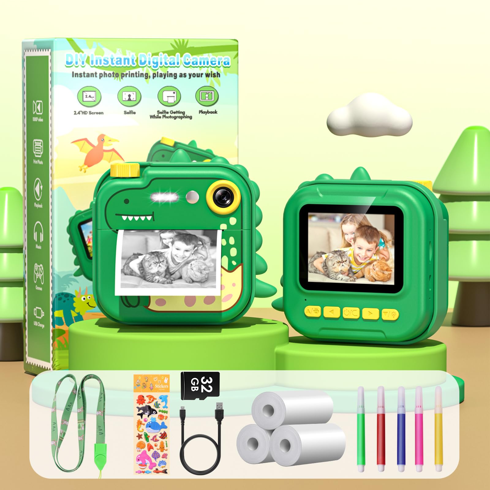 Instant Kids Camera with 2.4” Screen, 1080P, 32GB & Printing Paper