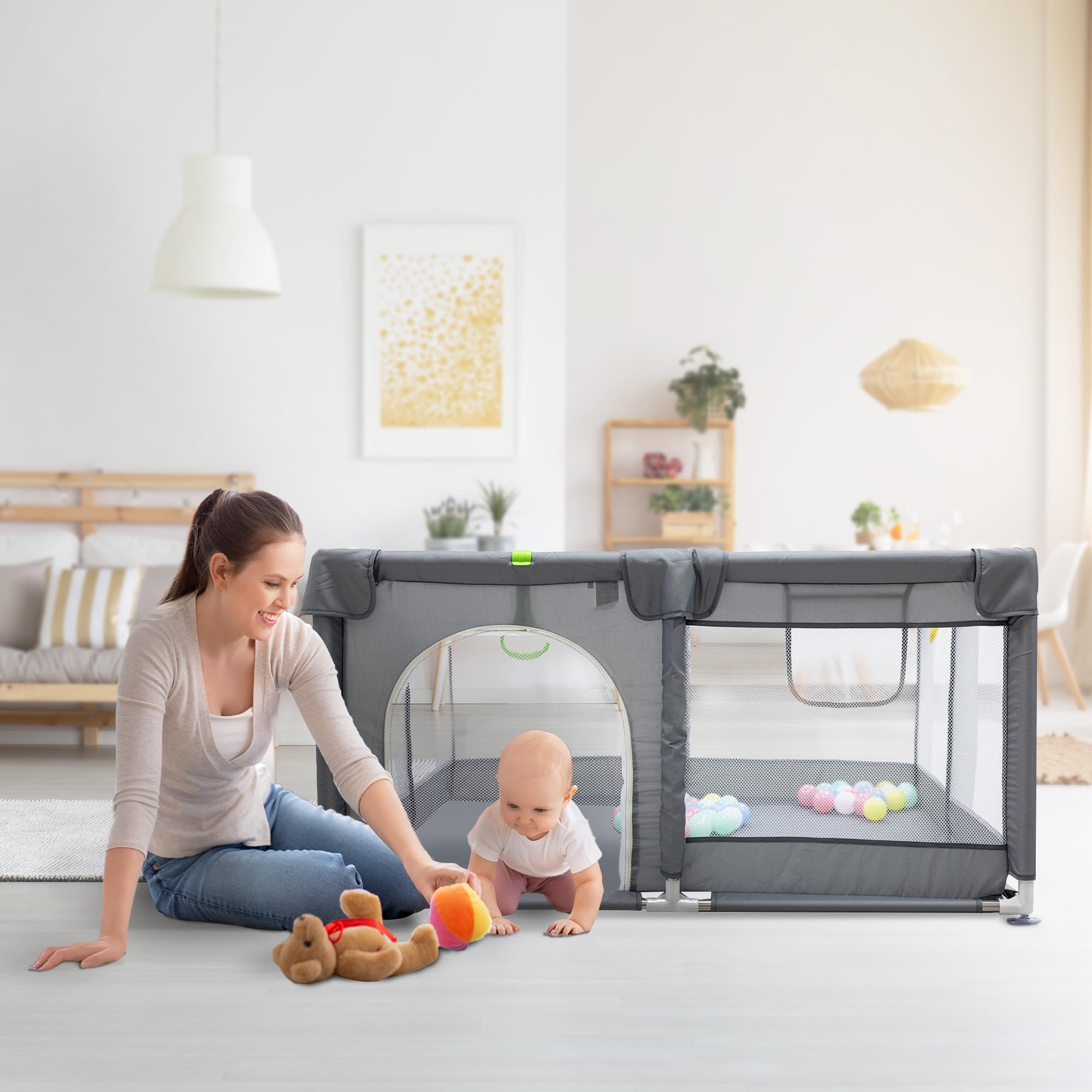 Baby Playpen with Padded Frame, Mesh Walls, Balls & Pull Rings