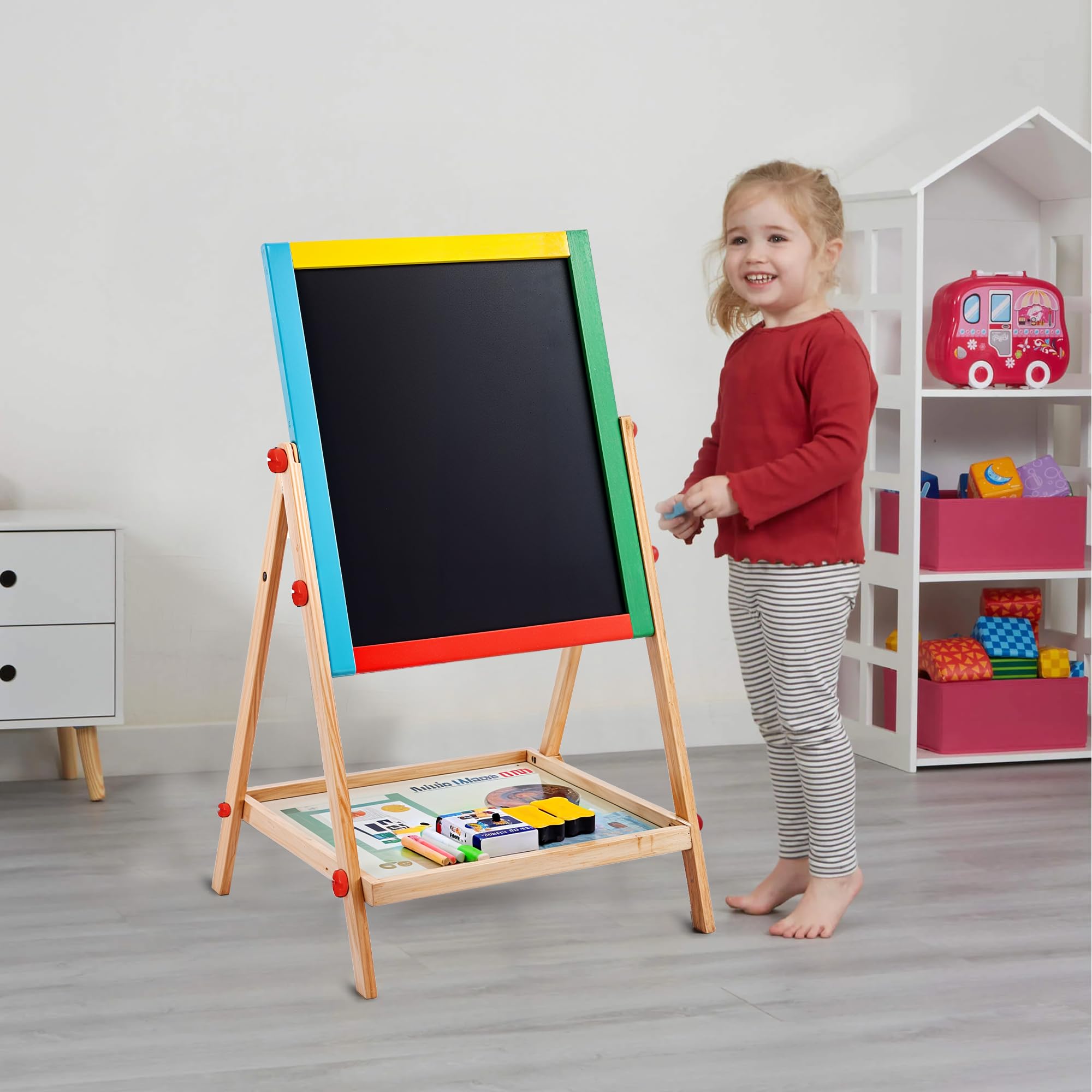 Double-Sided Wooden Kids Board with Tray, Adjustable Height