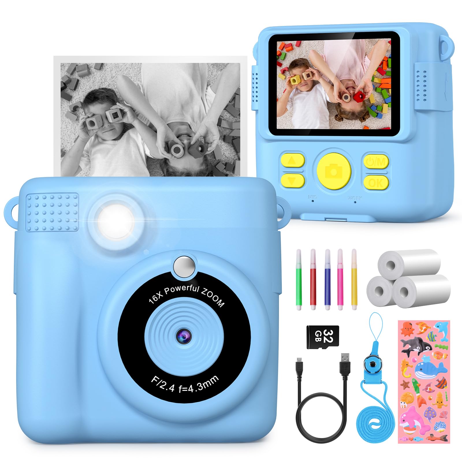 Instant Kids Camera with 2.4” Screen, 1080P, 32GB & Printing Paper