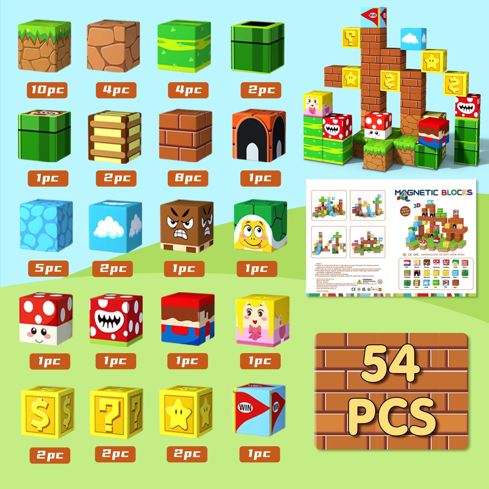 54 Magnetic Cubes with Game Pieces, STEM Building Toy for Kids 3+