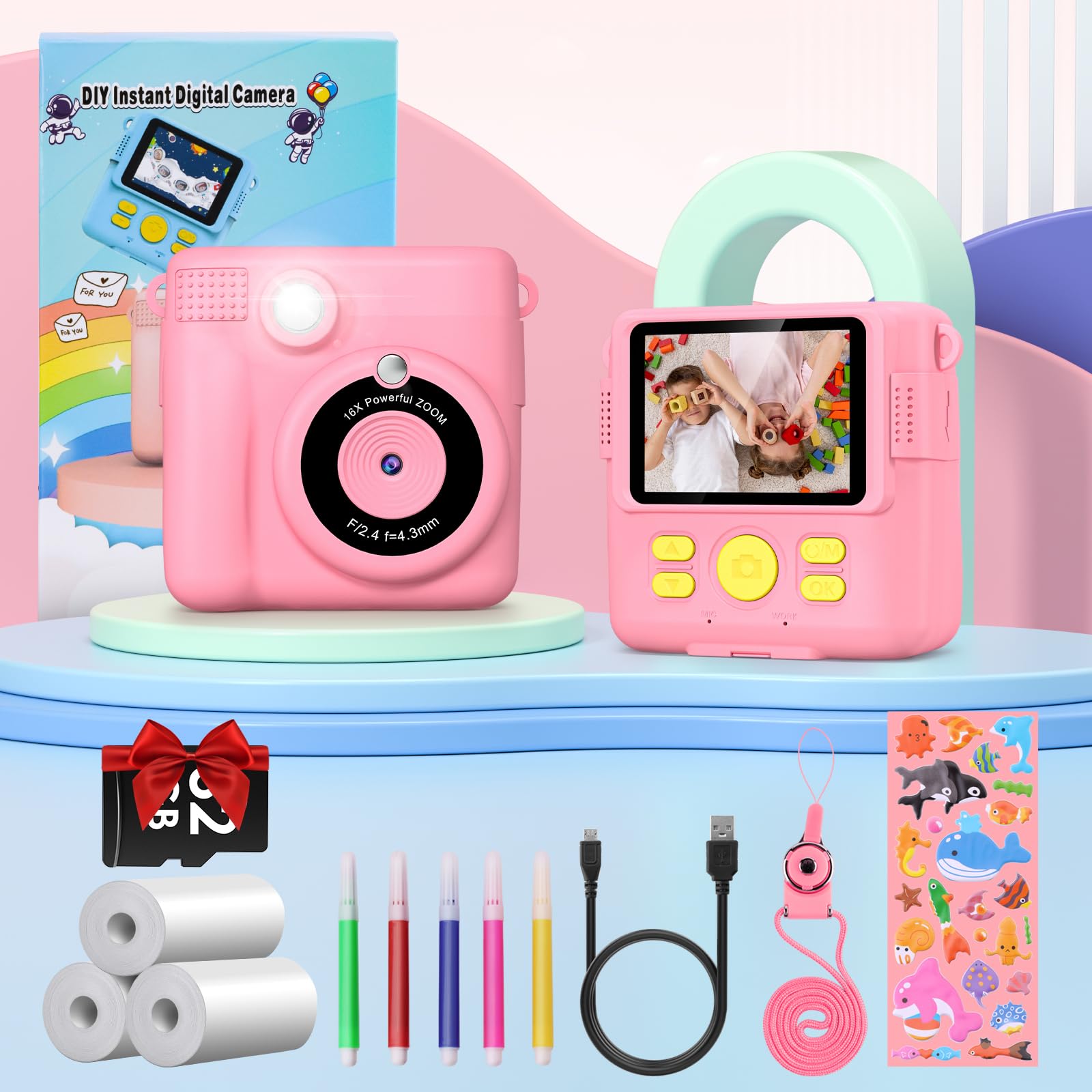 Instant Kids Camera with 2.4” Screen, 1080P, 32GB & Printing Paper
