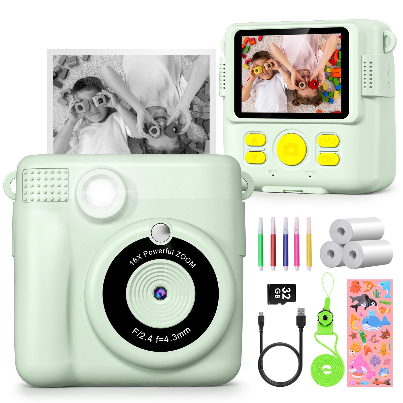 Instant Kids Camera with 2.4” Screen, 1080P, 32GB & Printing Paper