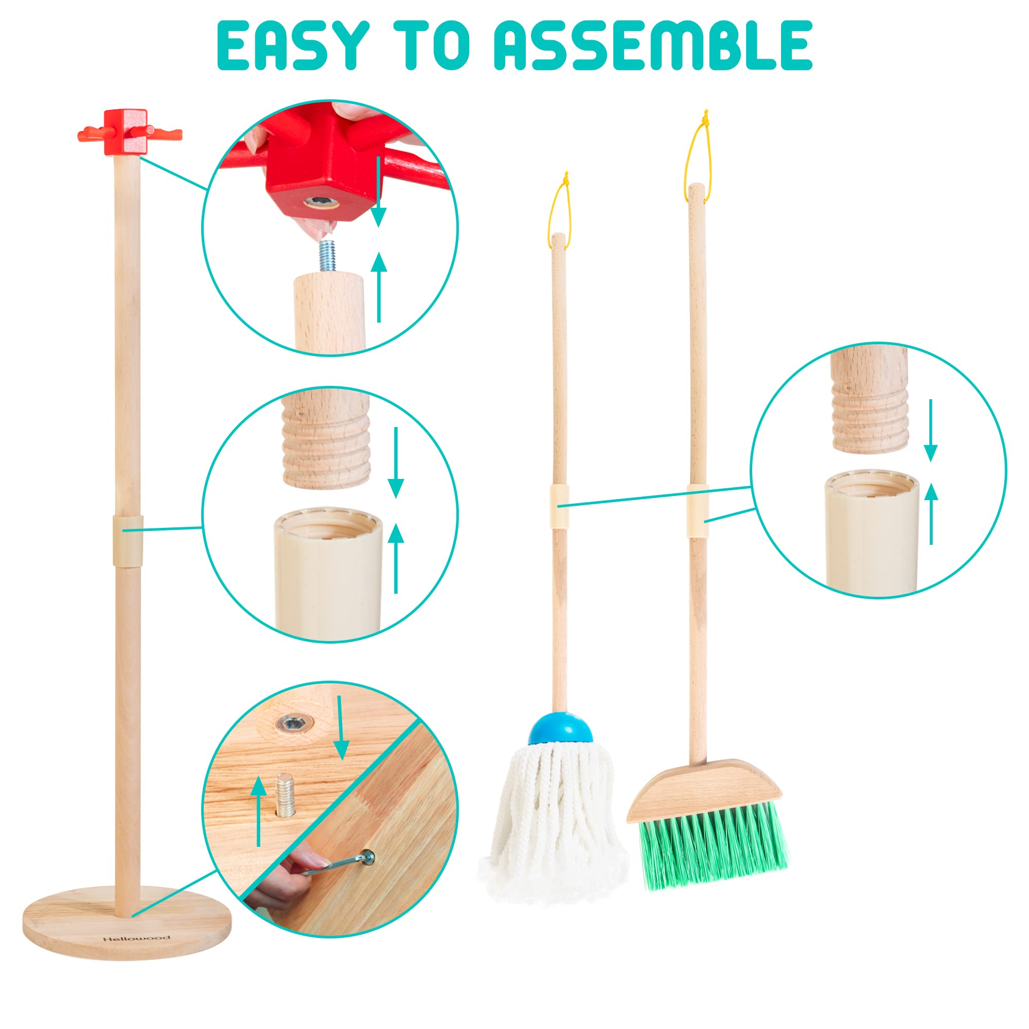 8-Piece Wooden Cleaning Set for Kids with Mop Broom Brushes Stand Rag