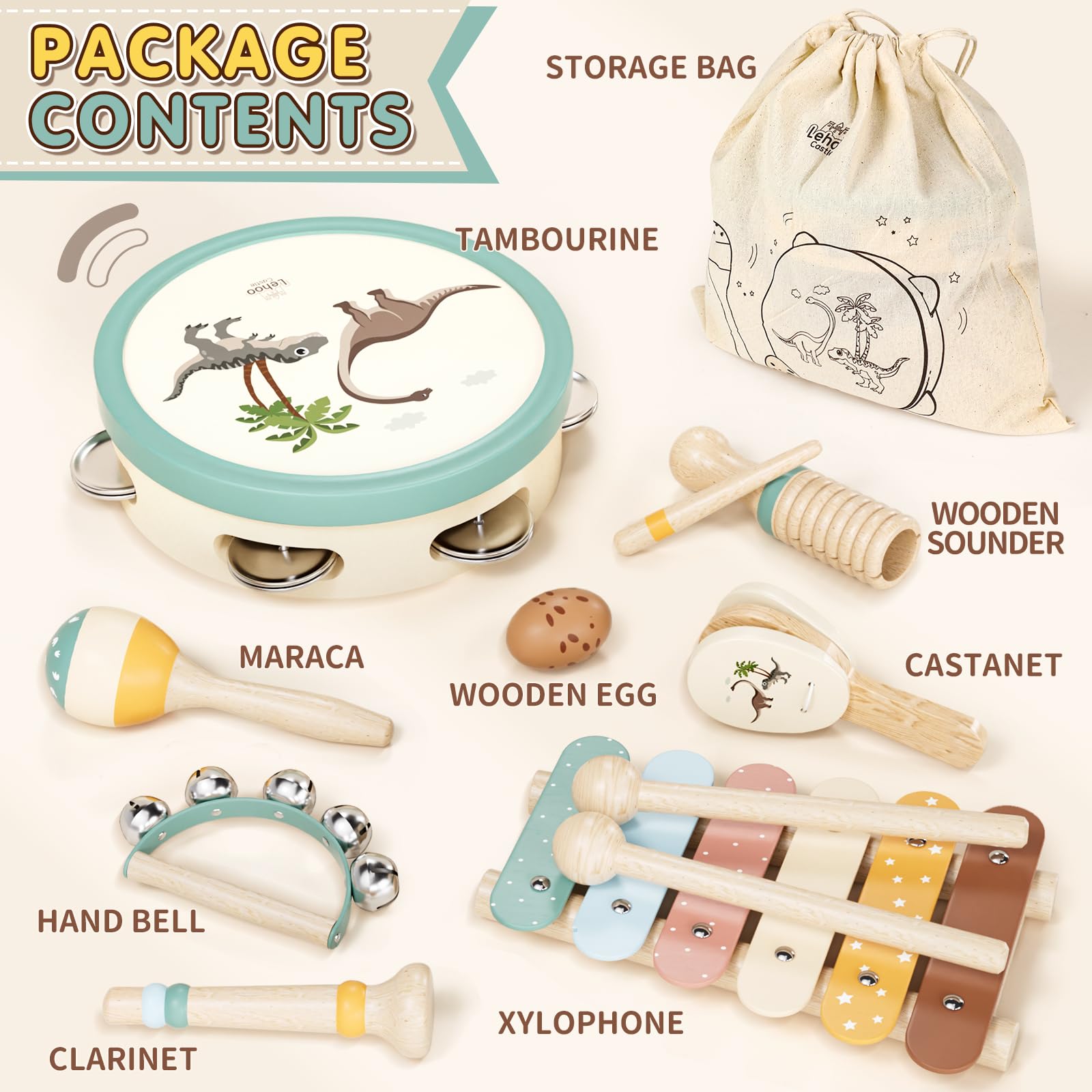 Montessori Wooden Toy Set for Toddlers with Xylophone & Instruments