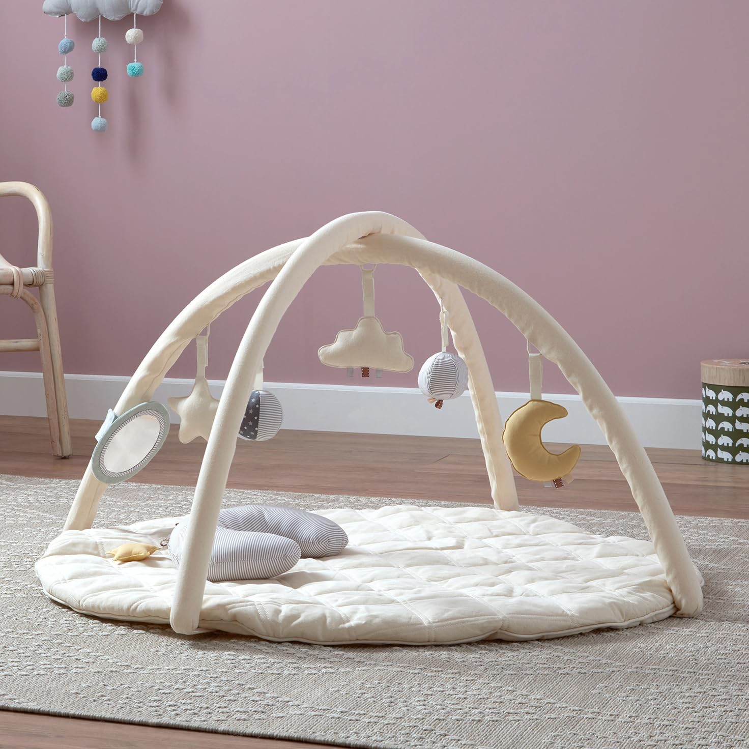 Organic Cotton Cozy Baby Playmat with Mirror, Tummy Pillow and 6 Toys
