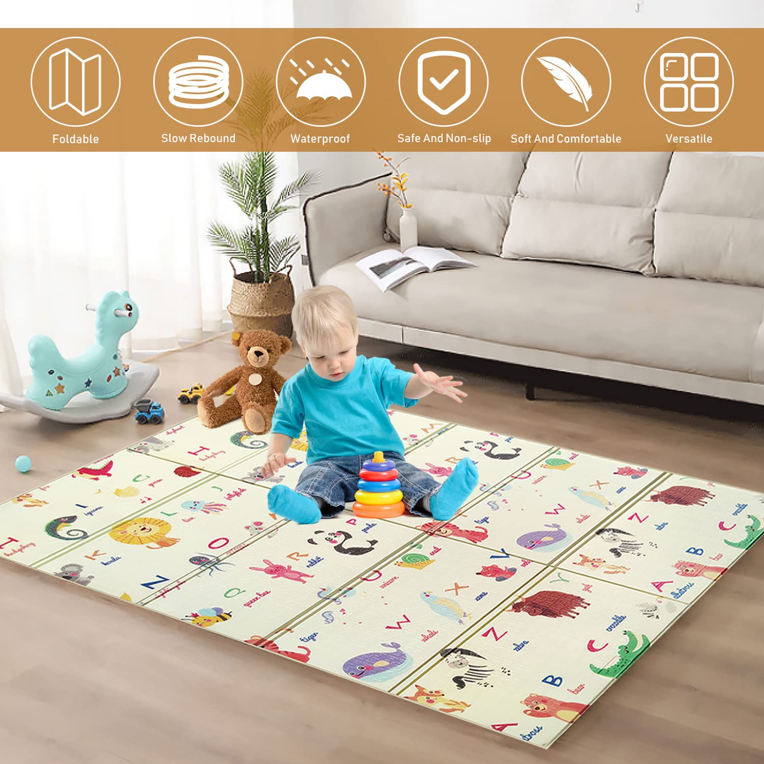 Foldable Baby Play Mat with Reversible Prints and Waterproof Surface