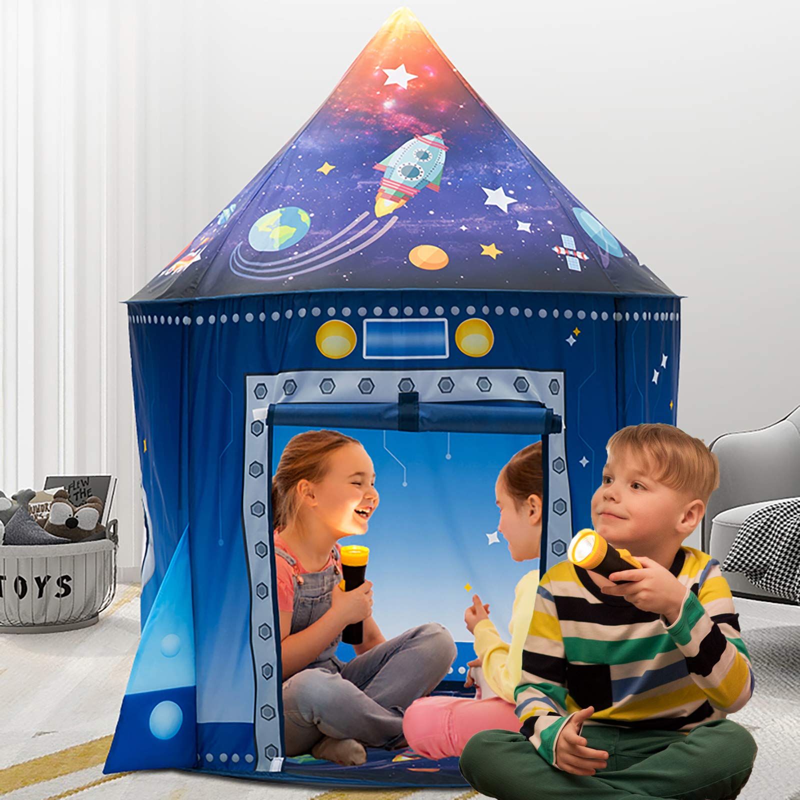 Foldable Rocket-Themed Kids Tent Playhouse for Indoor & Outdoor