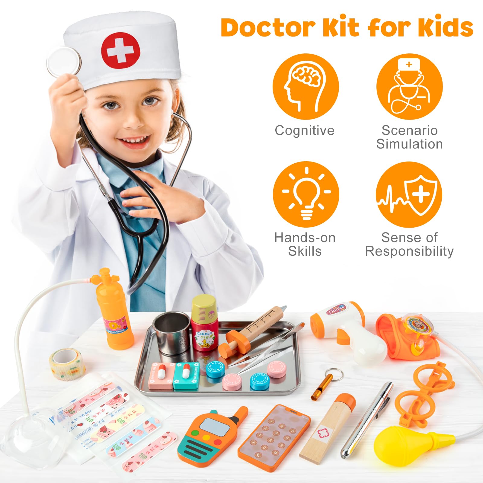 34-Piece Doctor Kit with Real Stethoscope and Storage Bag for Kids