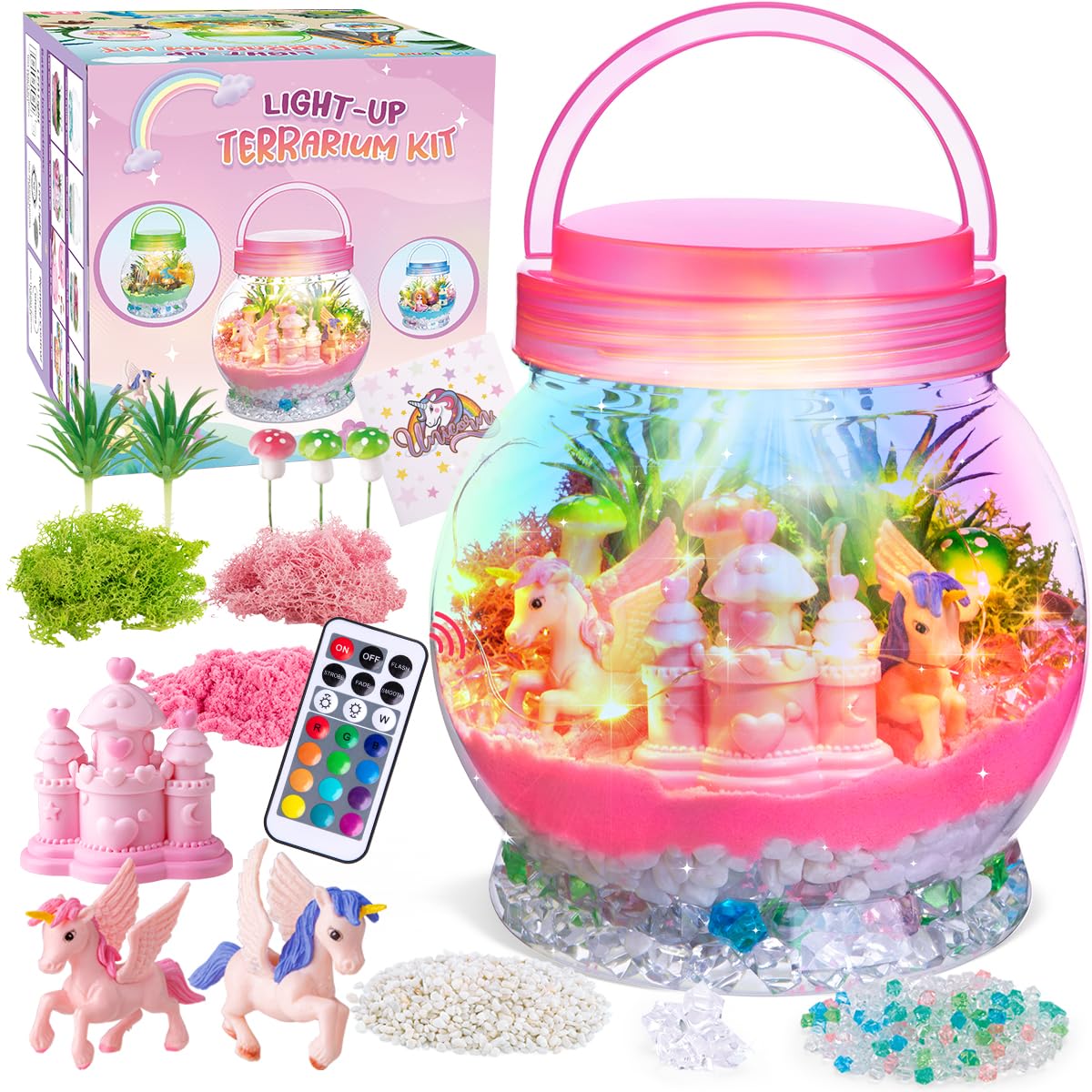 Unicorn Terrarium Craft Lights, Sand, Stickers, Castle & Moss Decor