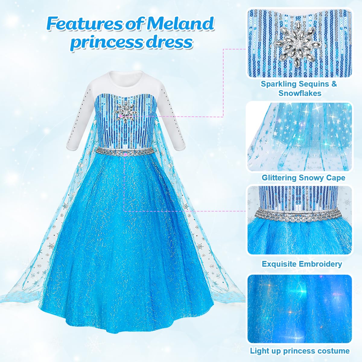 Light Up Princess Dress Costume with Crown Wand Jewelry for Girls