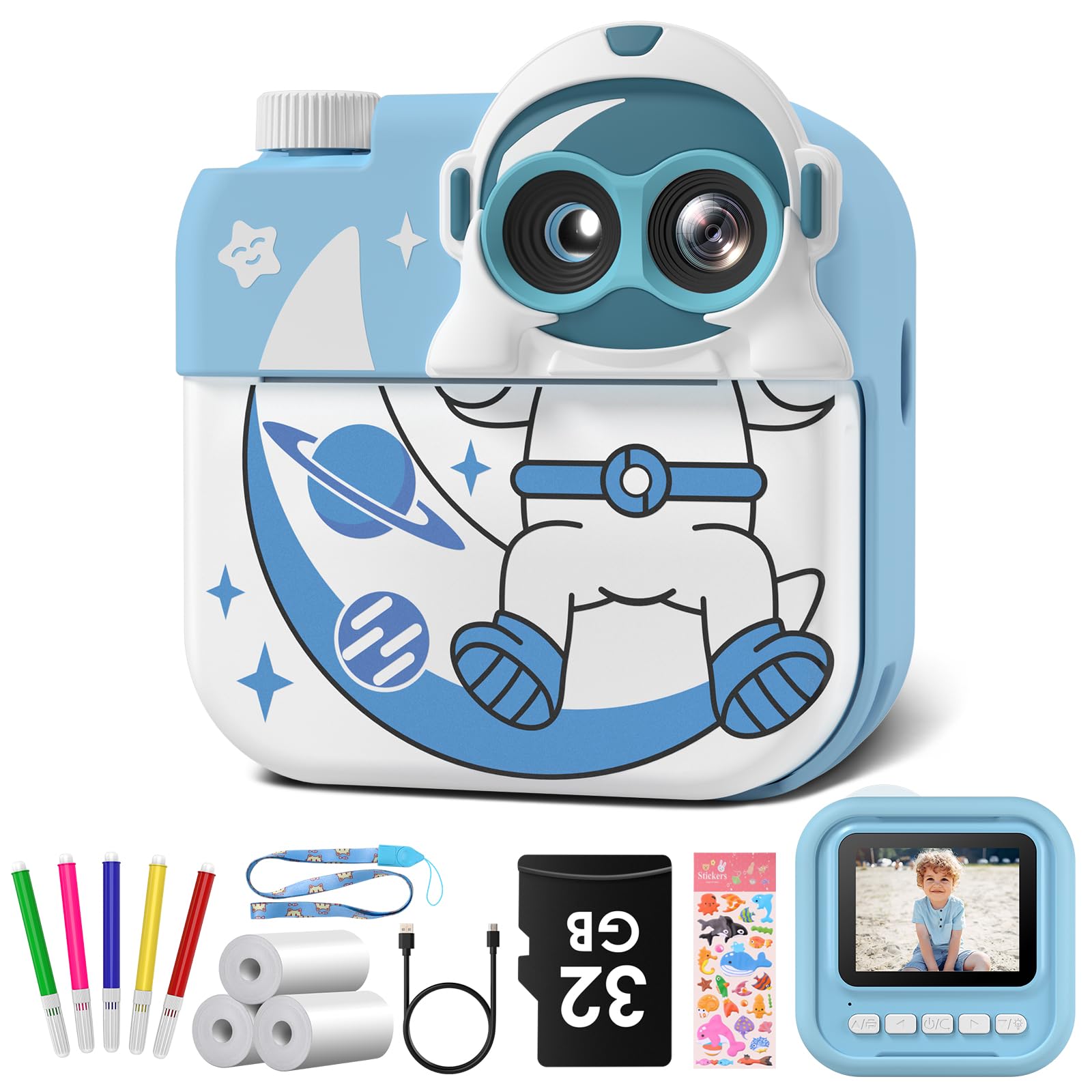 Instant Kids Camera with 2.4” Screen, 1080P, 32GB & Printing Paper