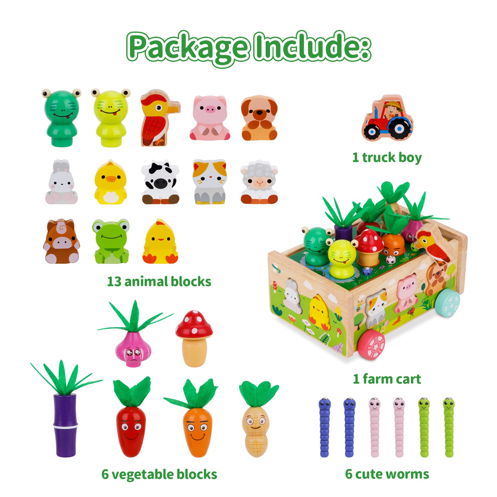 Montessori Wooden Carrot Toy, Sorting Game with Animals & Storage Box