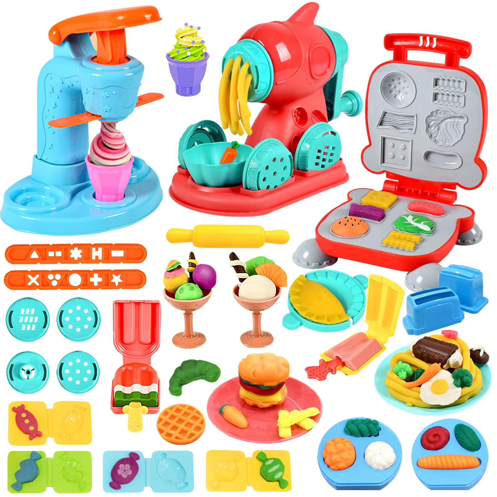 3 in 1 Dough Kitchen Toy Set, Ice Cream Noodle Hamburger Maker Kit
