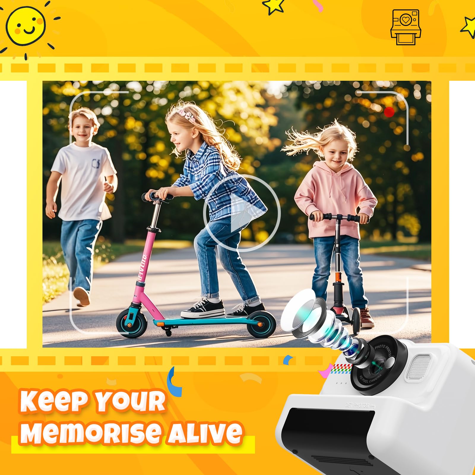 Instant Print Kids Camera with 1080P Video, Filters, 32GB Card & Paper