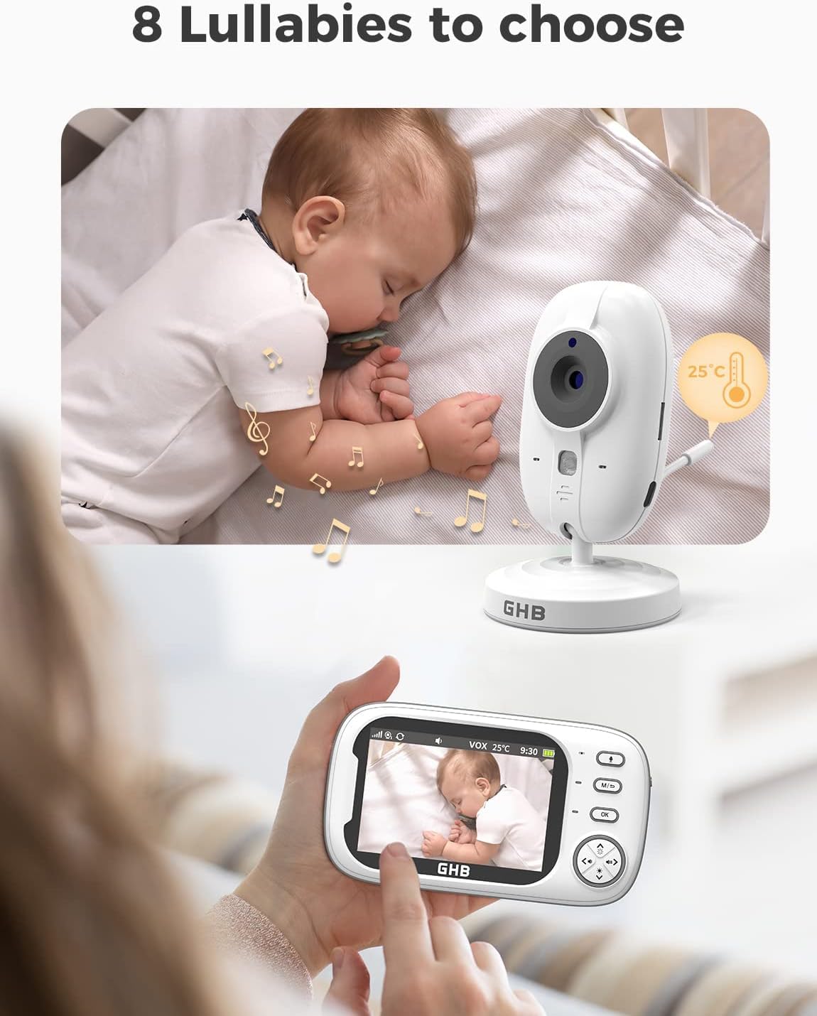 Baby Monitor with 3.5” LCD, Dual Cameras, Temperature Sensor