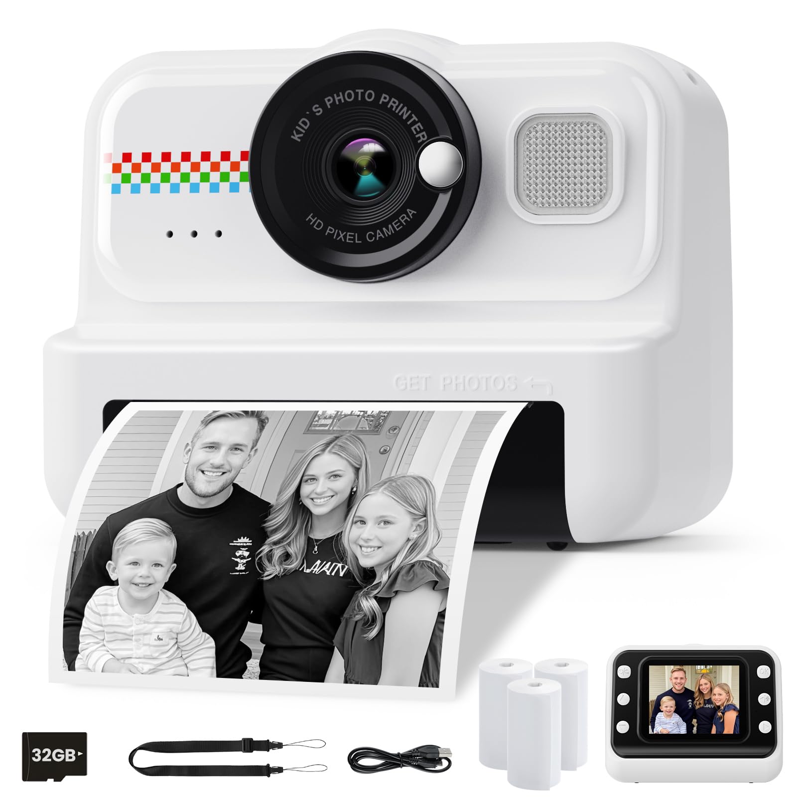 Instant Print Kids Camera with 1080P Video, Filters, 32GB Card & Paper