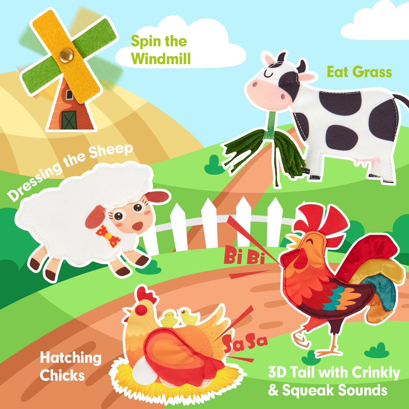 Montessori Busy Book with 20 Activities, Farm-Themed Life Skills Board