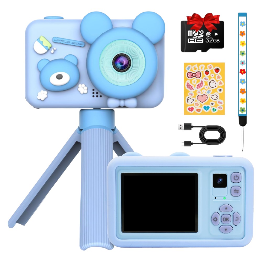 Kids Digital Camera 1080P with IPS Screen, Dual Lens, Waterproof, 32GB