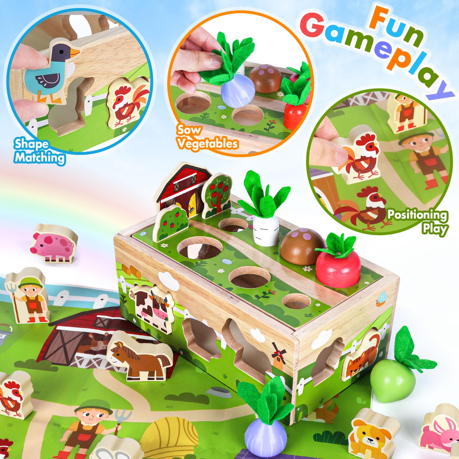 Montessori Carrot Toy with Animals, Storage, Shapes & Sorting