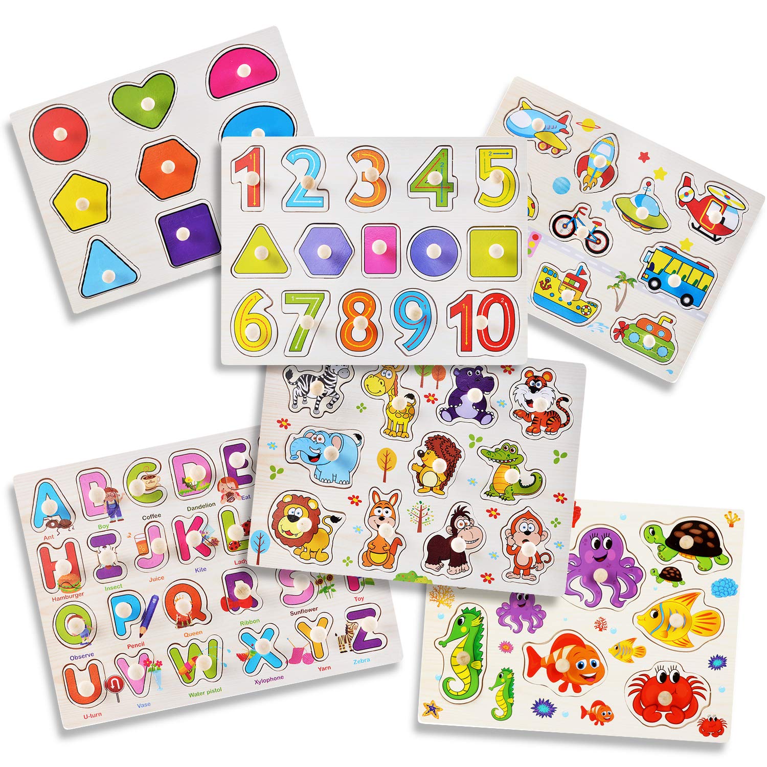 6-Pack Wooden Peg Puzzles Letters, Numbers, Shapes & Animals