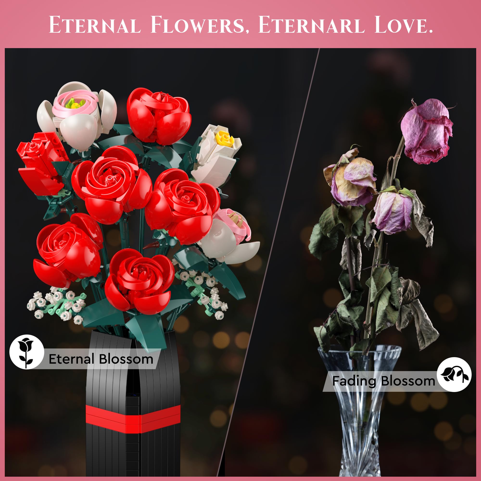 Rose Bouquet Building Kit, 841 PCS DIY Floral Display with Vase