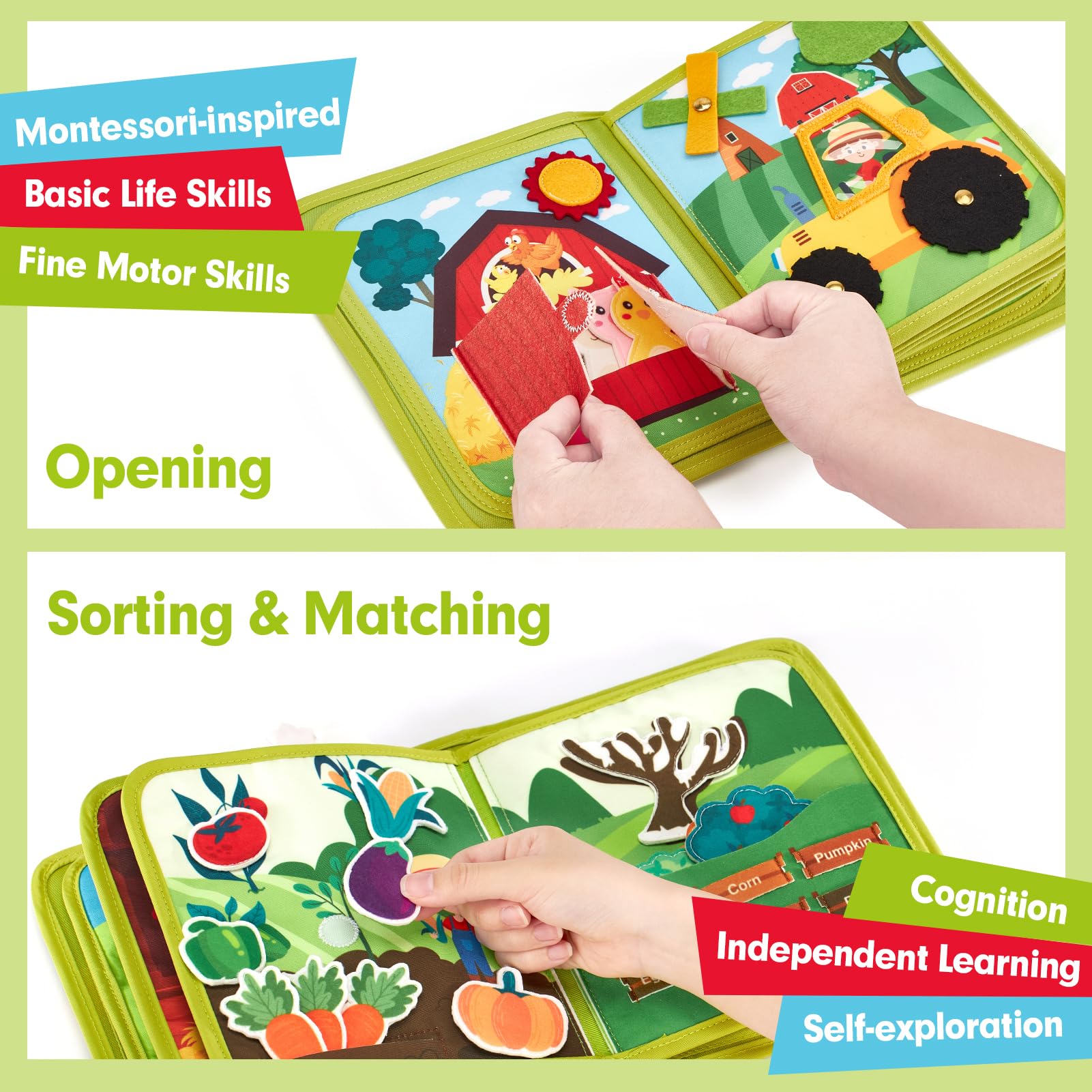 Montessori Busy Book with 20 Activities, Farm-Themed Life Skills Board