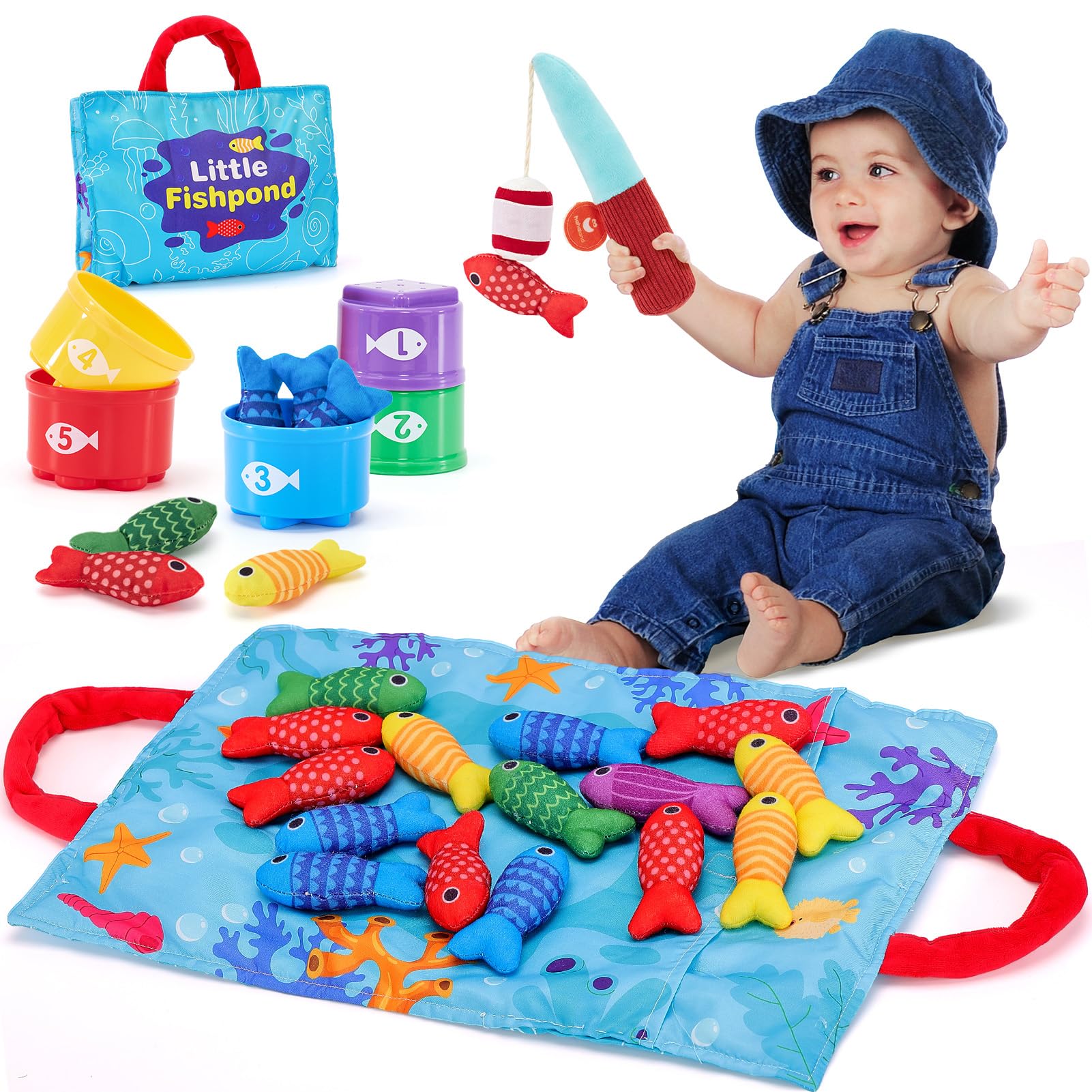 Montessori Fishing Game Set Toddlers, 22pcs Fabric Toy Stacking Cups