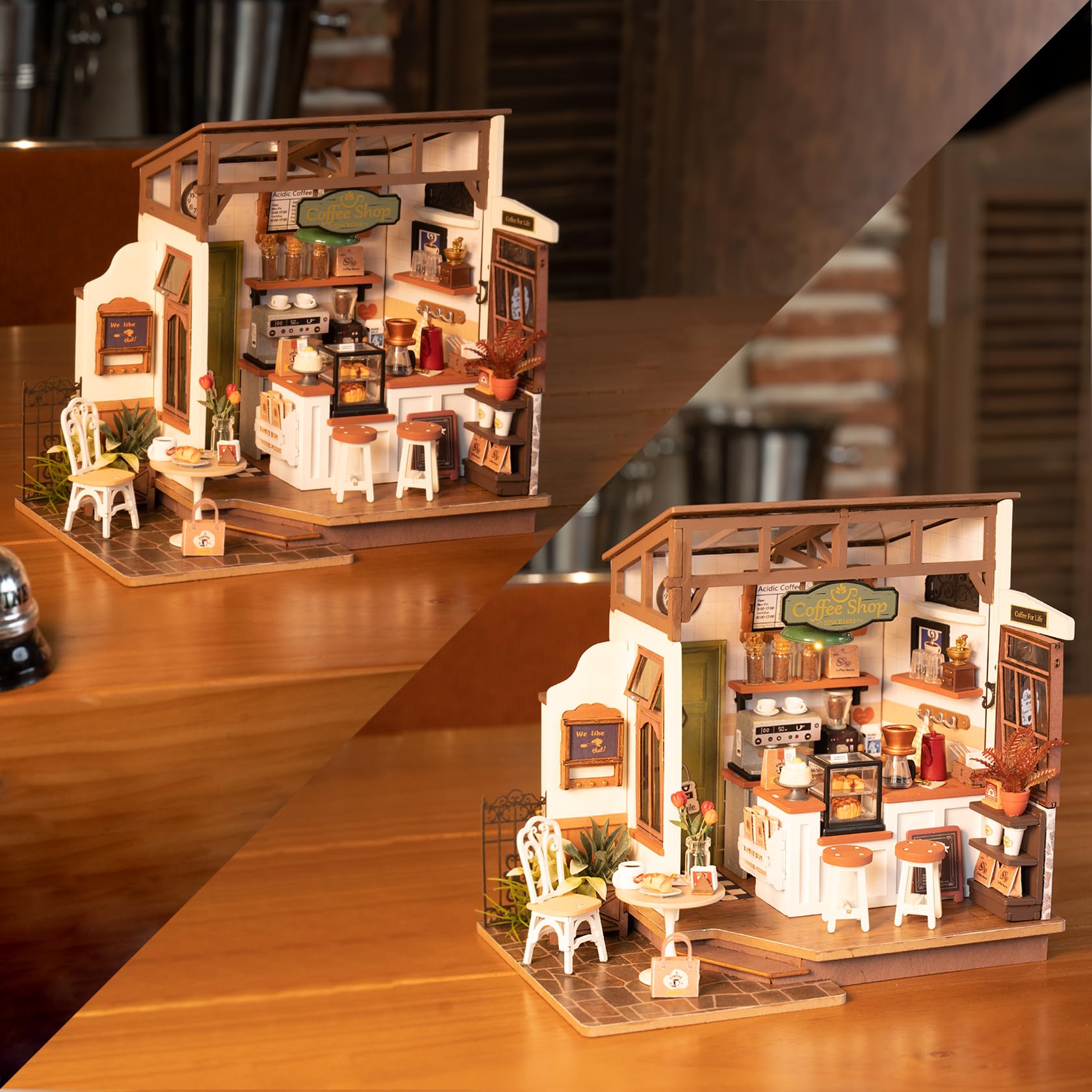 Miniature Wooden Cafe Kit with Lights, Furniture and Accessories