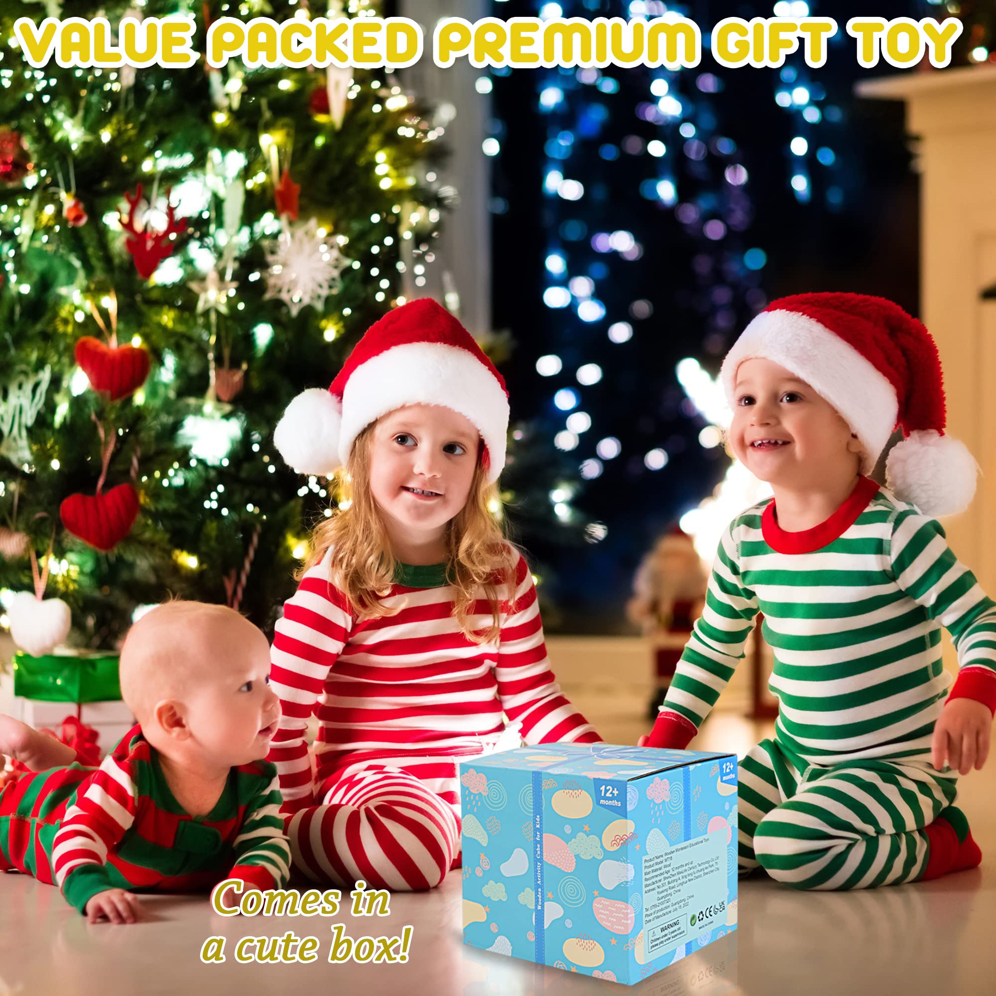 Montessori Wooden Shape Sorter Cube with 8 Textured Blocks for Toddlers