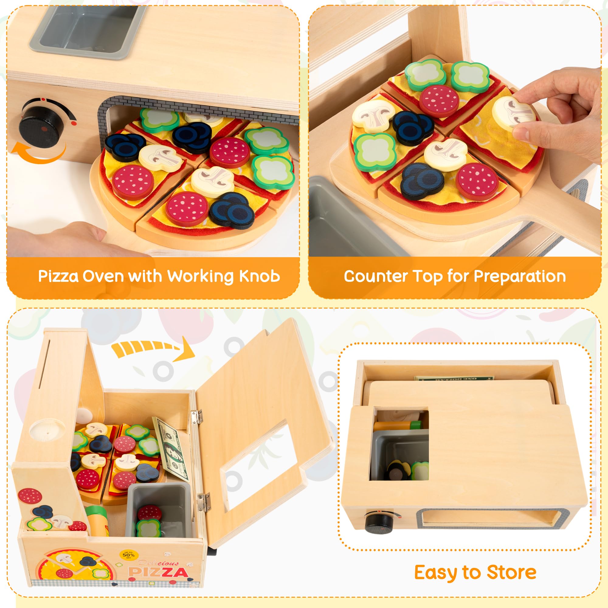 Montessori Wooden Pizza Toy with Counter Menu, Oven, Storage 49 Pieces
