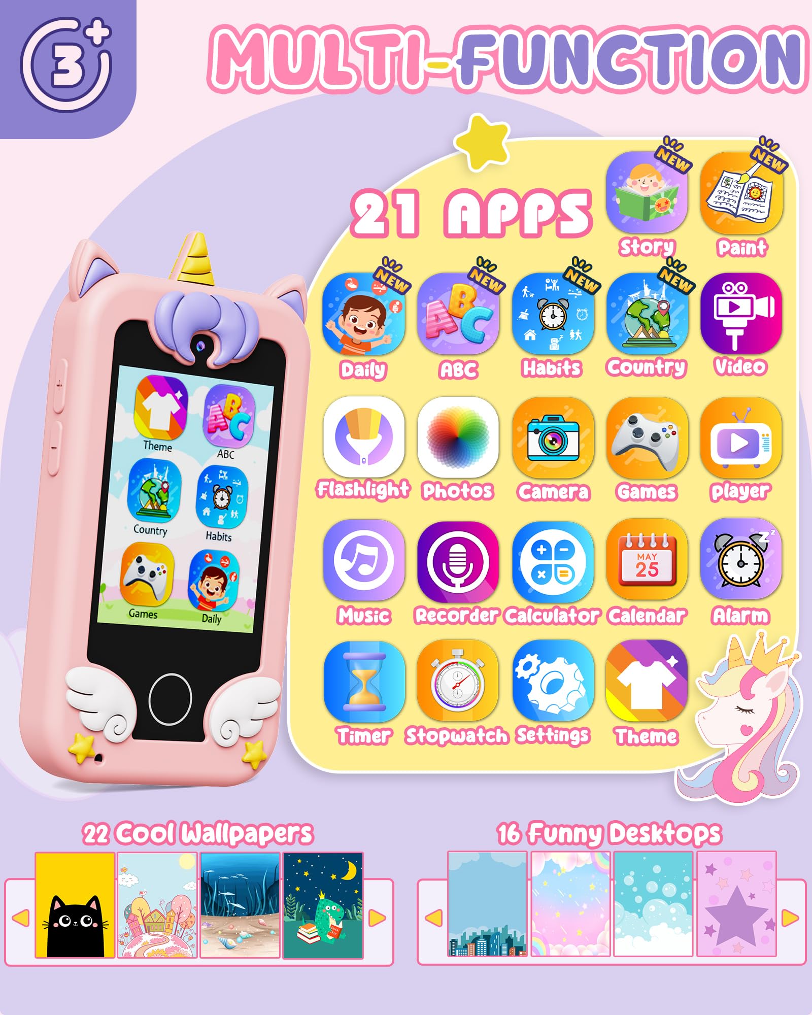 Kids Smart Phone Toy, Dual Camera & MP3 Player, Toddler Learning Games