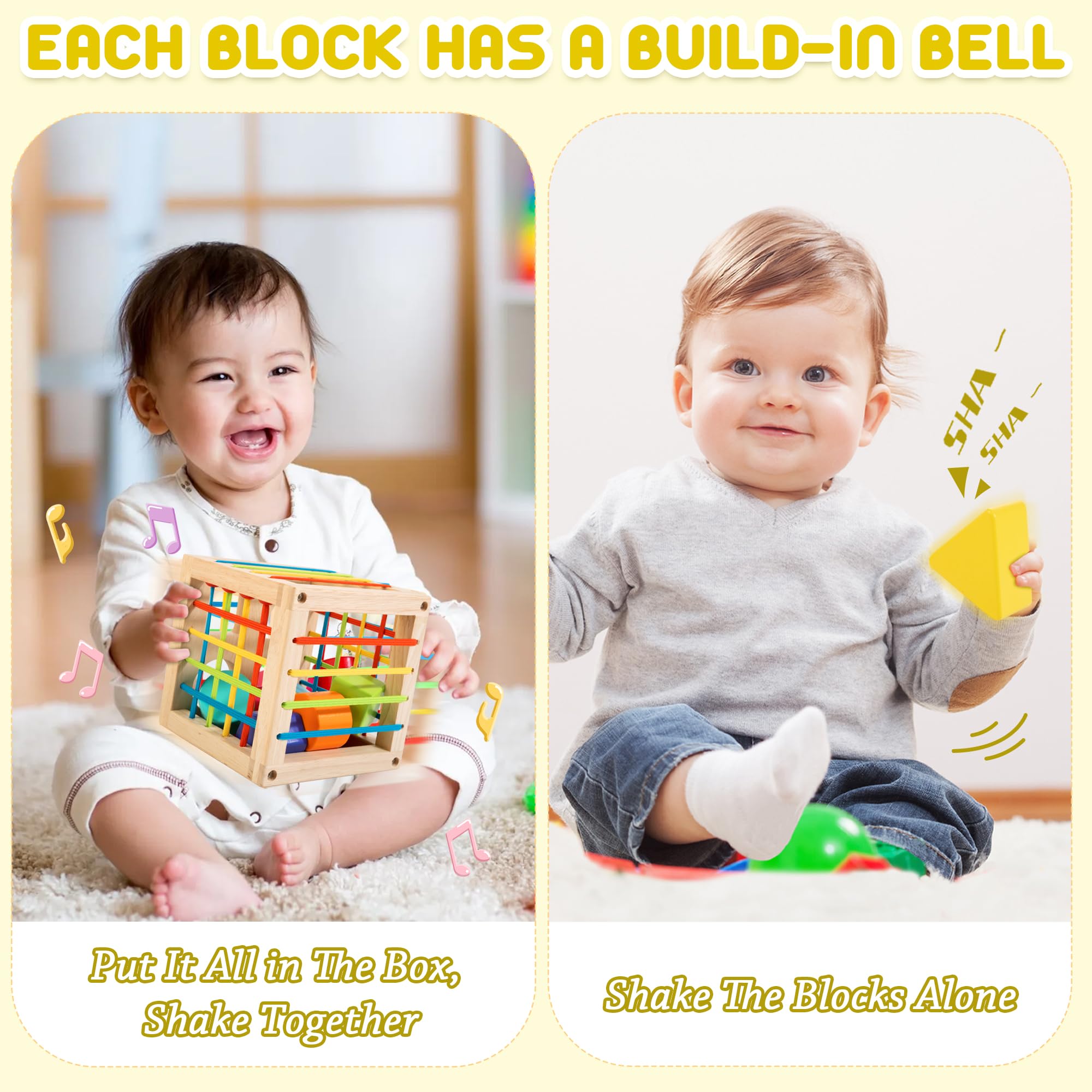 Montessori Wooden Shape Sorter Cube with 8 Textured Blocks for Toddlers