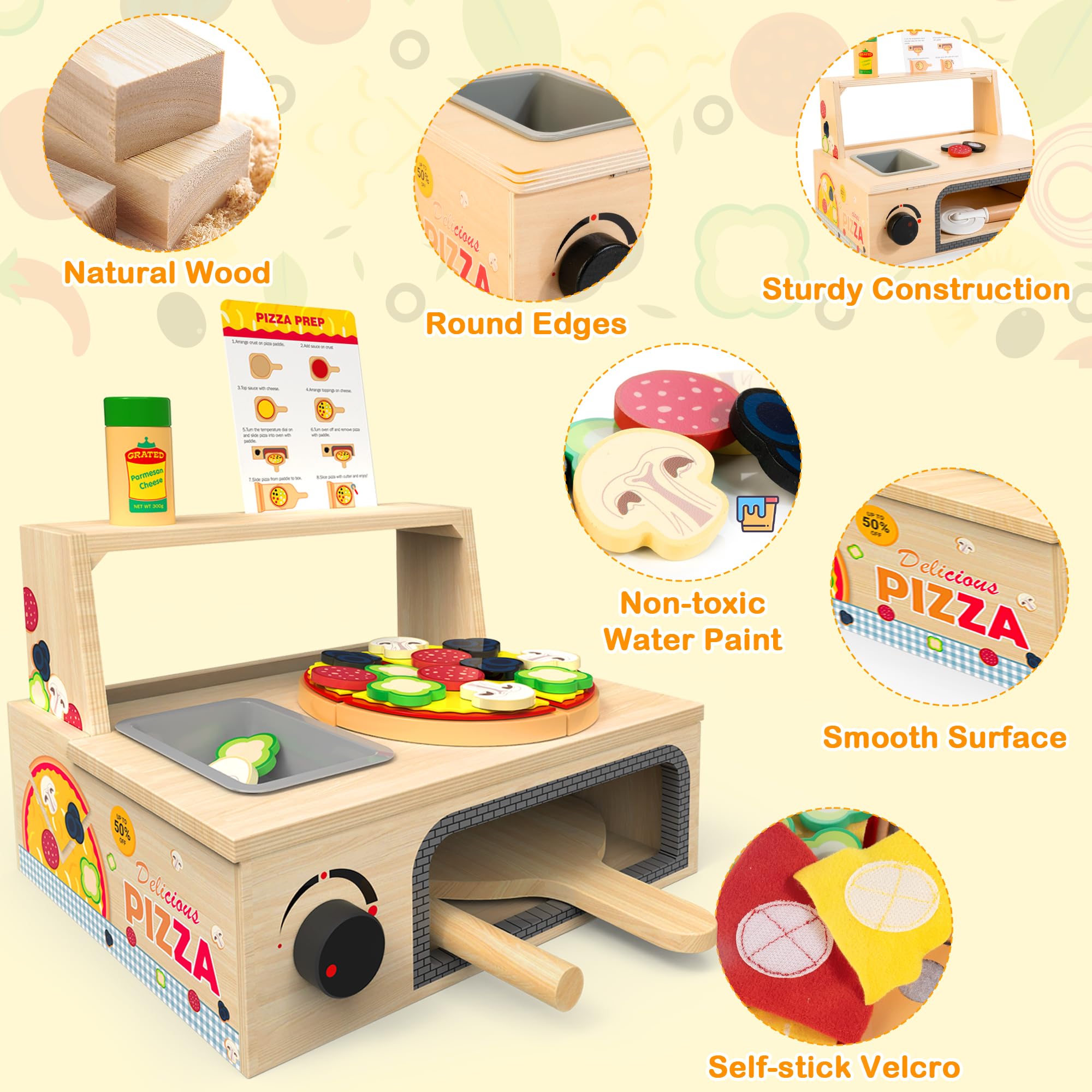 Montessori Wooden Pizza Toy with Counter Menu, Oven, Storage 49 Pieces