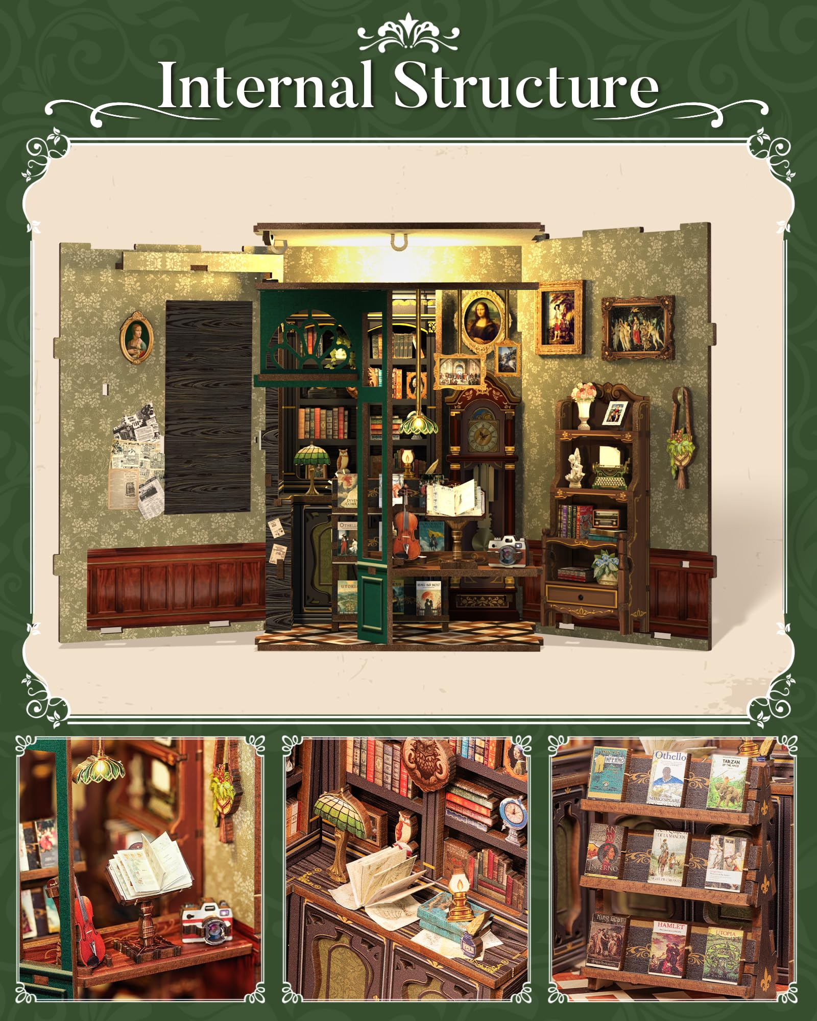 DIY Book Nook Kit with LED, Wooden Miniature Bookstore Craft Set