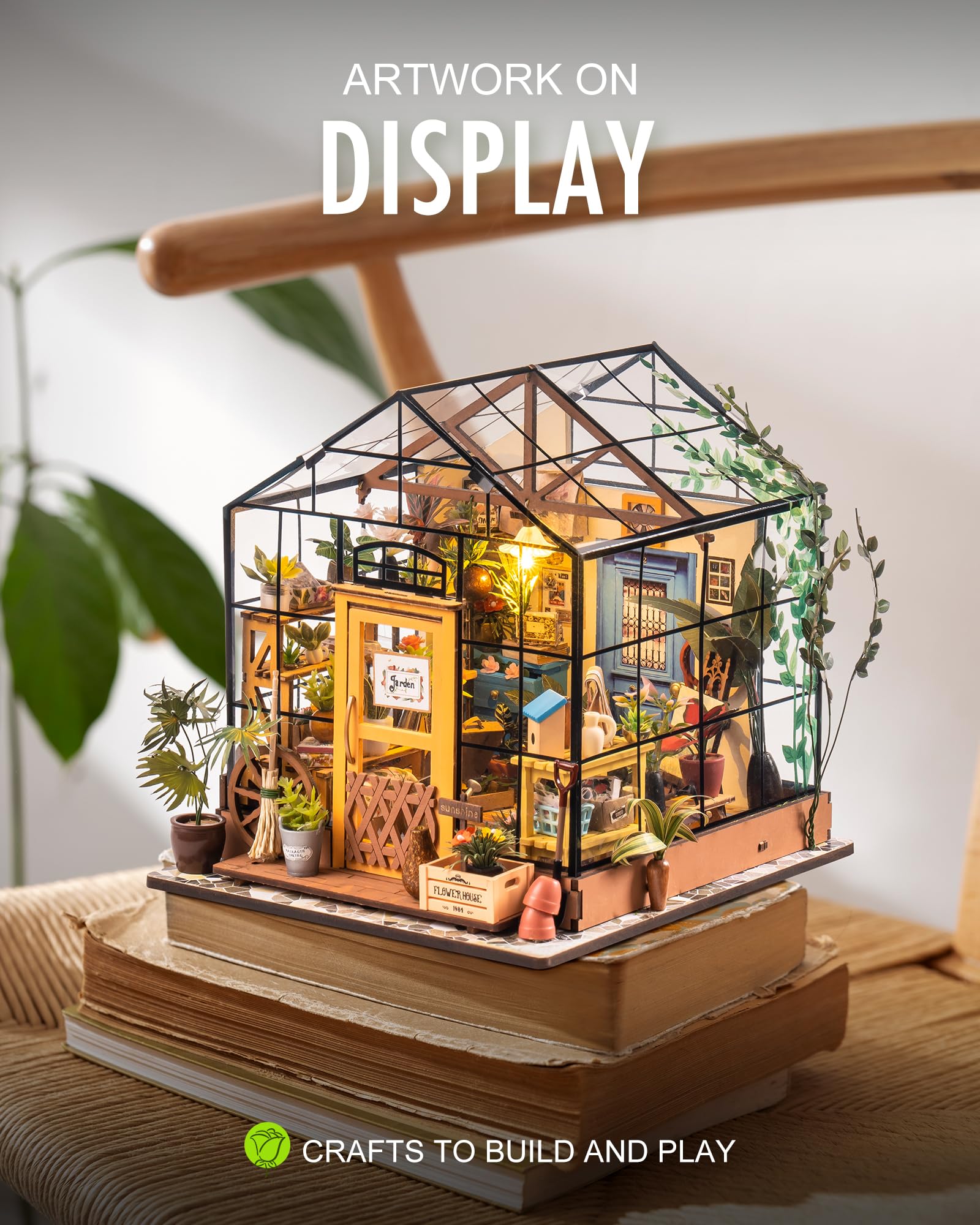 Miniature Greenhouse Kit with Lights, Book Nook Craft for Adults