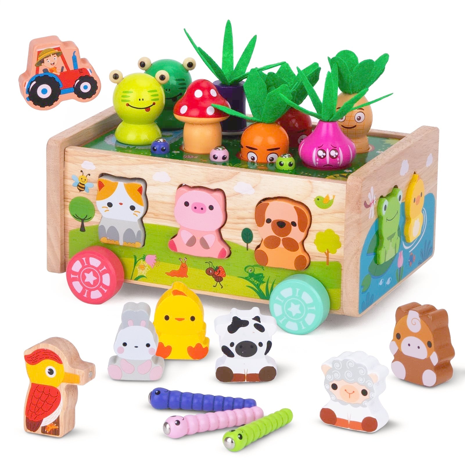 Montessori Wooden Carrot Toy, Sorting Game with Animals & Storage Box