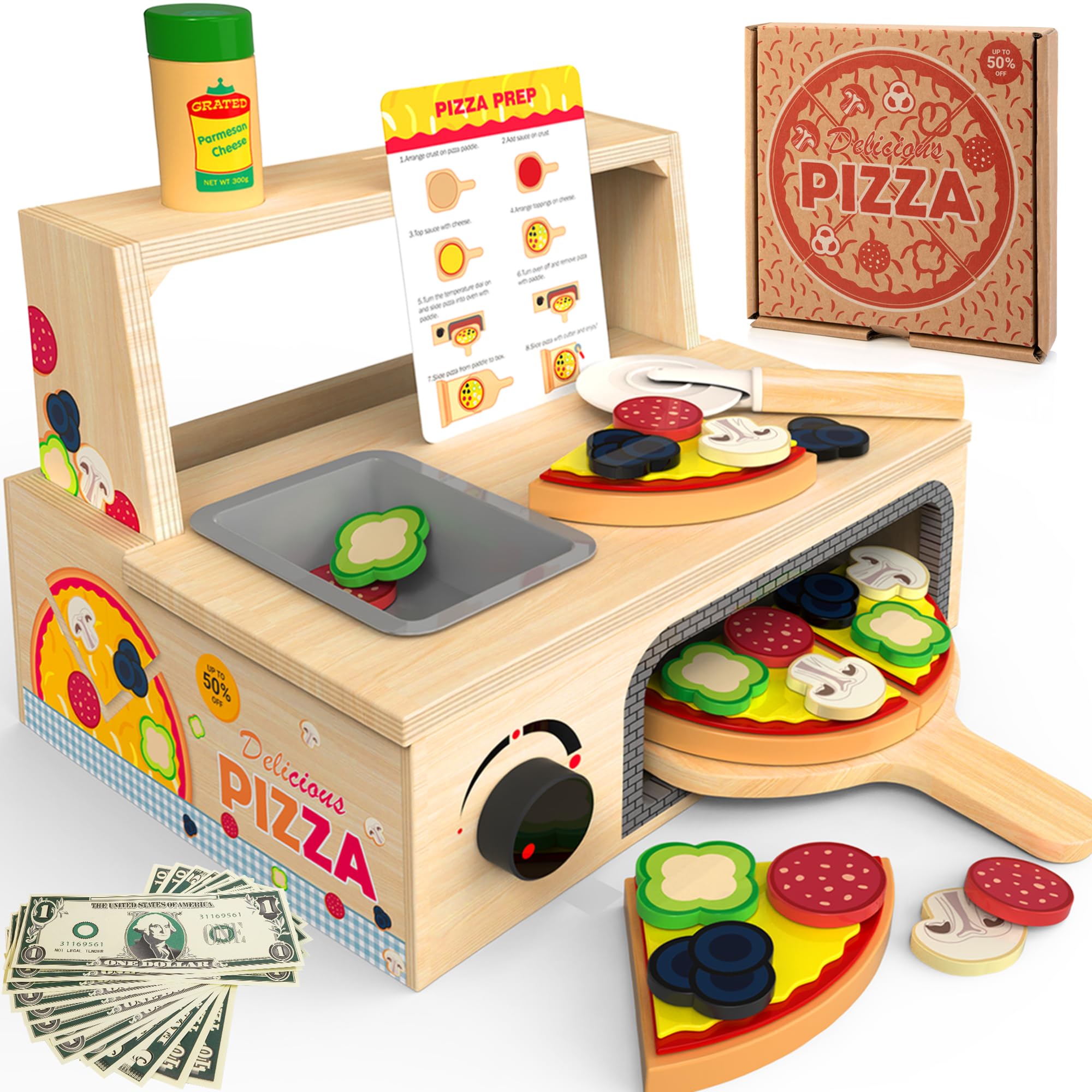 Montessori Wooden Pizza Toy with Counter Menu, Oven, Storage 49 Pieces