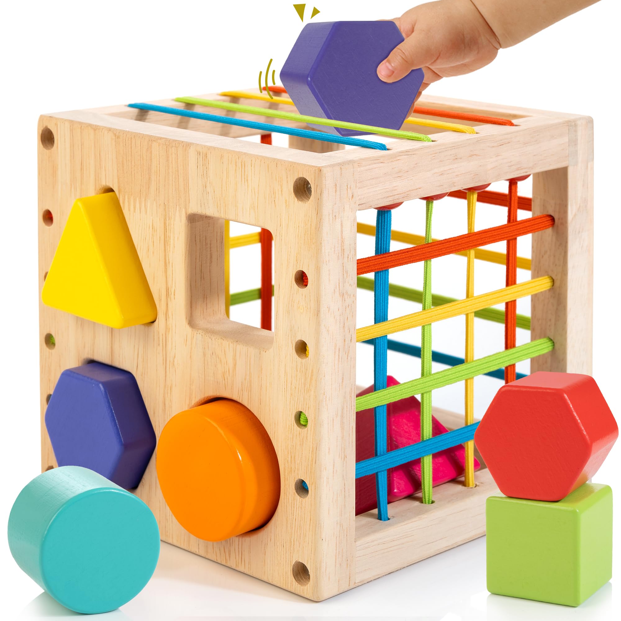 Montessori Wooden Shape Sorter Cube with 8 Textured Blocks for Toddlers