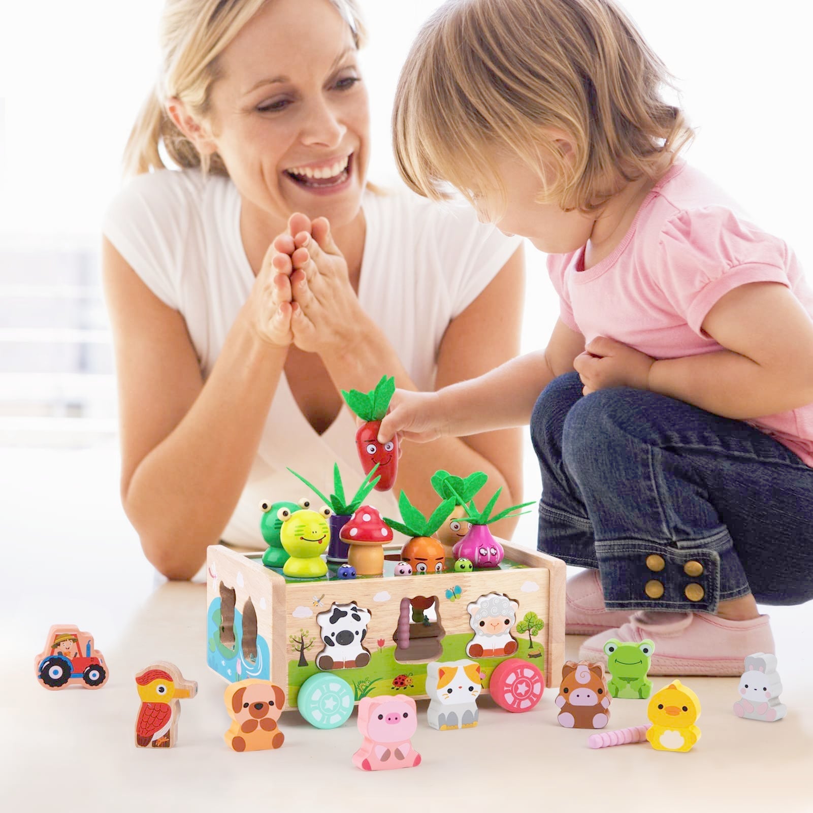 Montessori Wooden Carrot Toy, Sorting Game with Animals & Storage Box