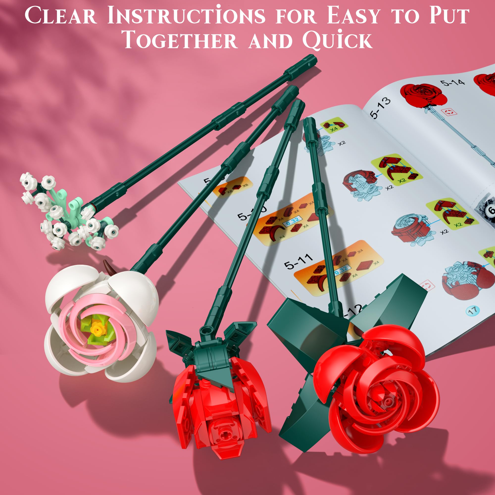 Rose Bouquet Building Kit, 841 PCS DIY Floral Display with Vase